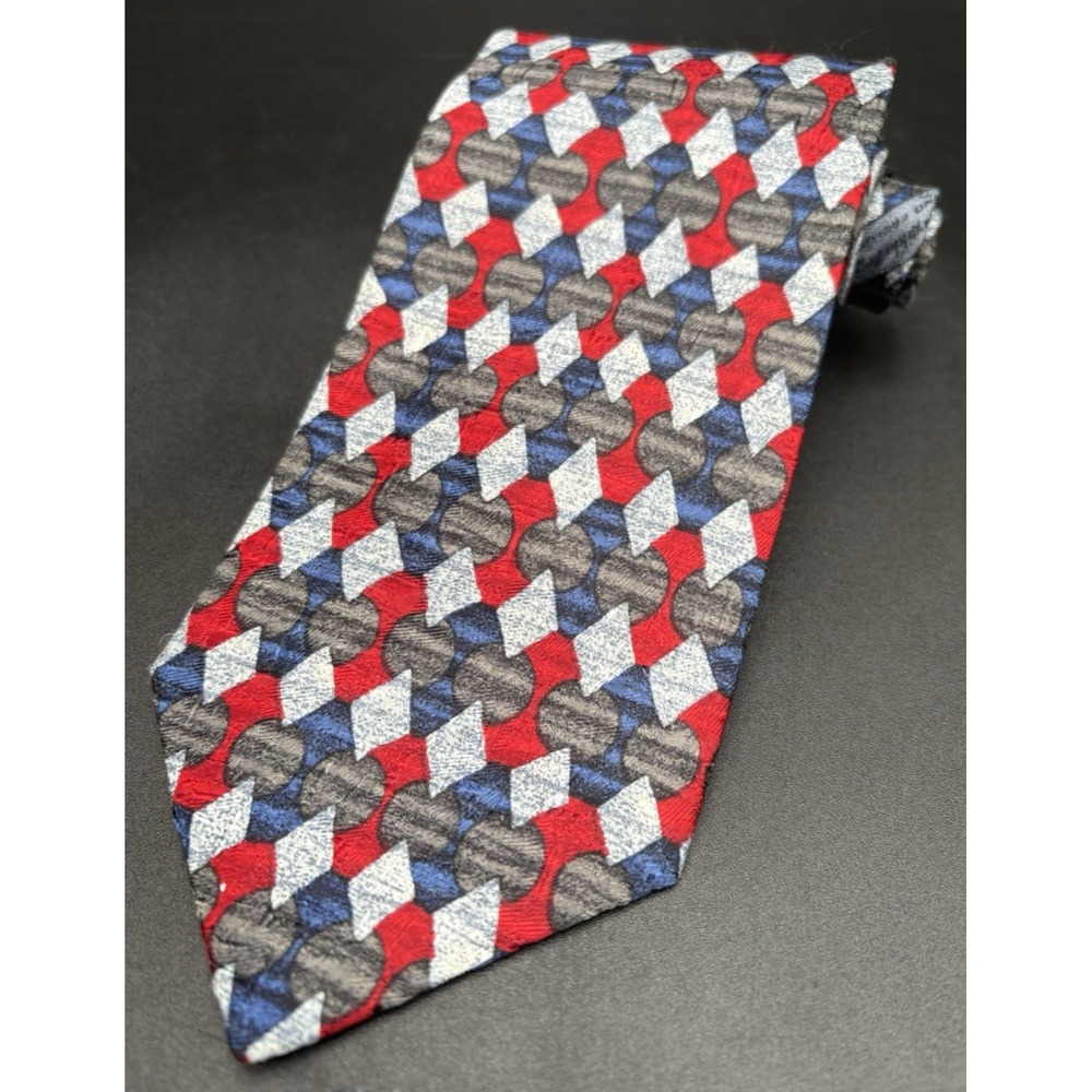 ERMENEGILDO ZEGNA Men's Tie 100% Silk ITALY Luxury Geometric Red Gray Blue GUC